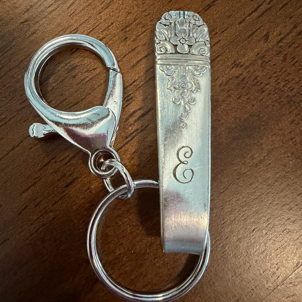 E Engraved Silverware Keychain